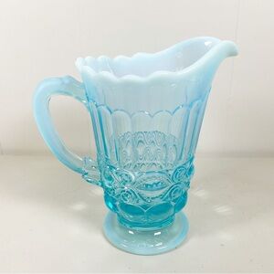 VINTAGE MOSSER GLASS AQUA OPALESCENT EYE WINKER PATTERN PITCHER 7.5 INCHES TALL